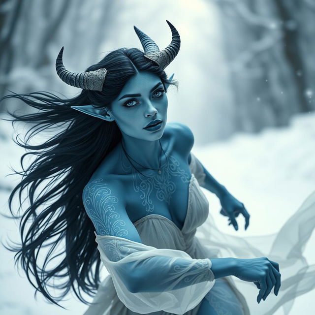 A beautiful blue-skinned tiefling woman with long black hair, featuring striking blue lips and intricate white tattoos adorning her skin