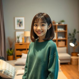 A full body shot of a 20-year-old Japanese girl with a detailed, beautiful face and cute ears