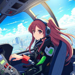 An anime girl helicopter pilot in a futuristic cockpit, wearing a stylish flight suit with colorful details, sharp eyes focused on the controls
