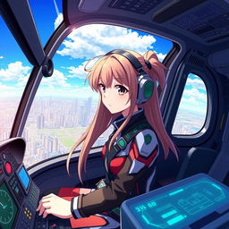 An anime girl helicopter pilot in a futuristic cockpit, wearing a stylish flight suit with colorful details, sharp eyes focused on the controls