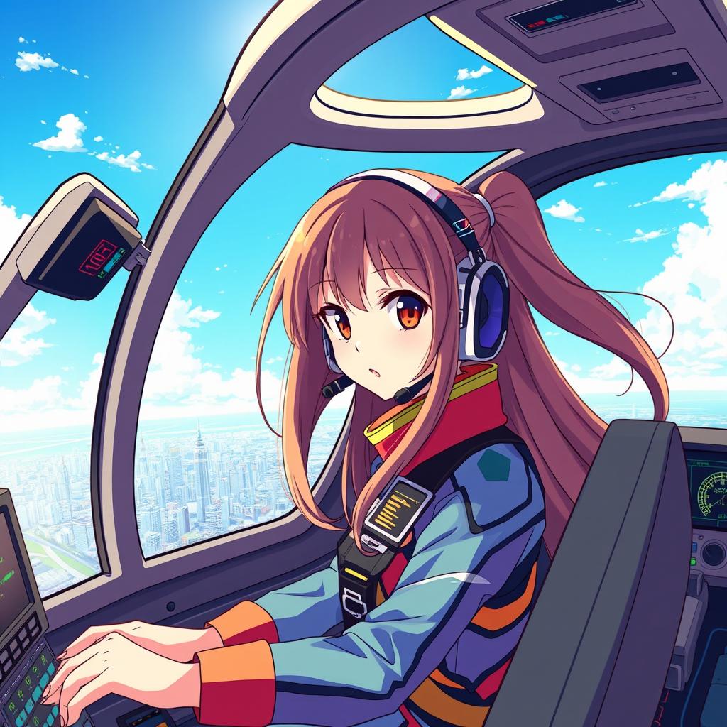 An anime girl helicopter pilot in a futuristic cockpit, wearing a stylish flight suit with colorful details, sharp eyes focused on the controls