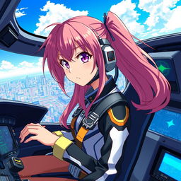 An anime girl helicopter pilot in a futuristic cockpit, wearing a stylish flight suit with colorful details, sharp eyes focused on the controls