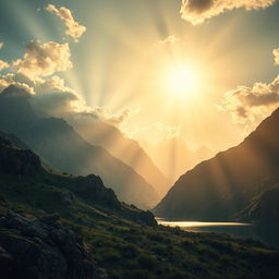 A stunning landscape with dramatic mountains in the background, bathed in cinematic tones of golden hour lighting