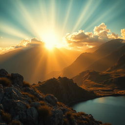 A stunning landscape with dramatic mountains in the background, bathed in cinematic tones of golden hour lighting