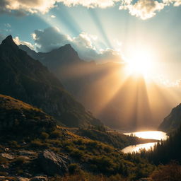 A stunning landscape with dramatic mountains in the background, bathed in cinematic tones of golden hour lighting