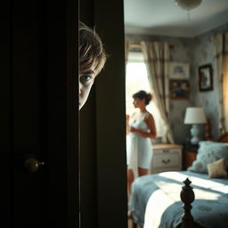 A dramatic, tense scene depicting a teenage boy peeking through a slightly ajar door, showing a glimpse of his concerned expression