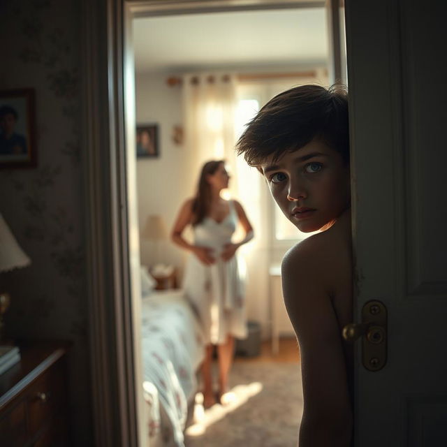 A dramatic, tense scene depicting a teenage boy peeking through a slightly ajar door, showing a glimpse of his concerned expression