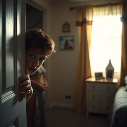 A dramatic, tense scene depicting a teenage boy peeking through a slightly ajar door, showing a glimpse of his concerned expression