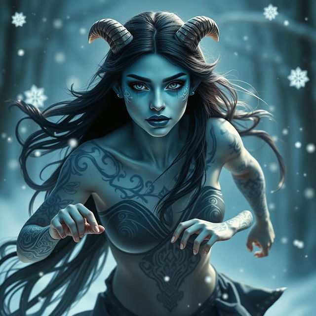 A beautiful blue-skinned tiefling woman with long black hair and striking blue lips