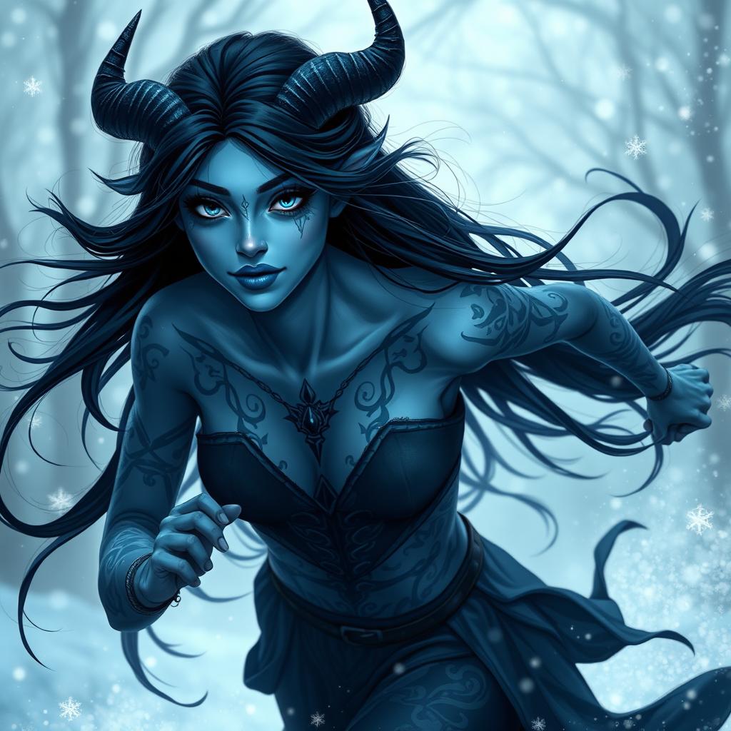 A beautiful blue-skinned tiefling woman with long black hair and striking blue lips