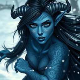 A beautiful blue-skinned tiefling woman with long black hair and striking blue lips