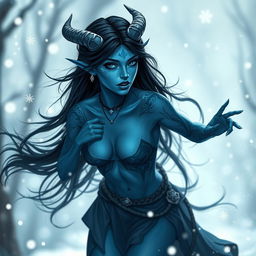 A beautiful blue-skinned tiefling woman with long black hair and striking blue lips