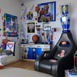 A basketball and PlayStation-themed teenager's bedroom. A large poster of a basketball star, a mini indoor basketball hoop, a gaming chair in front of a flat-screen TV featuring a PlayStation console, with gaming posters and trophies scattered around.