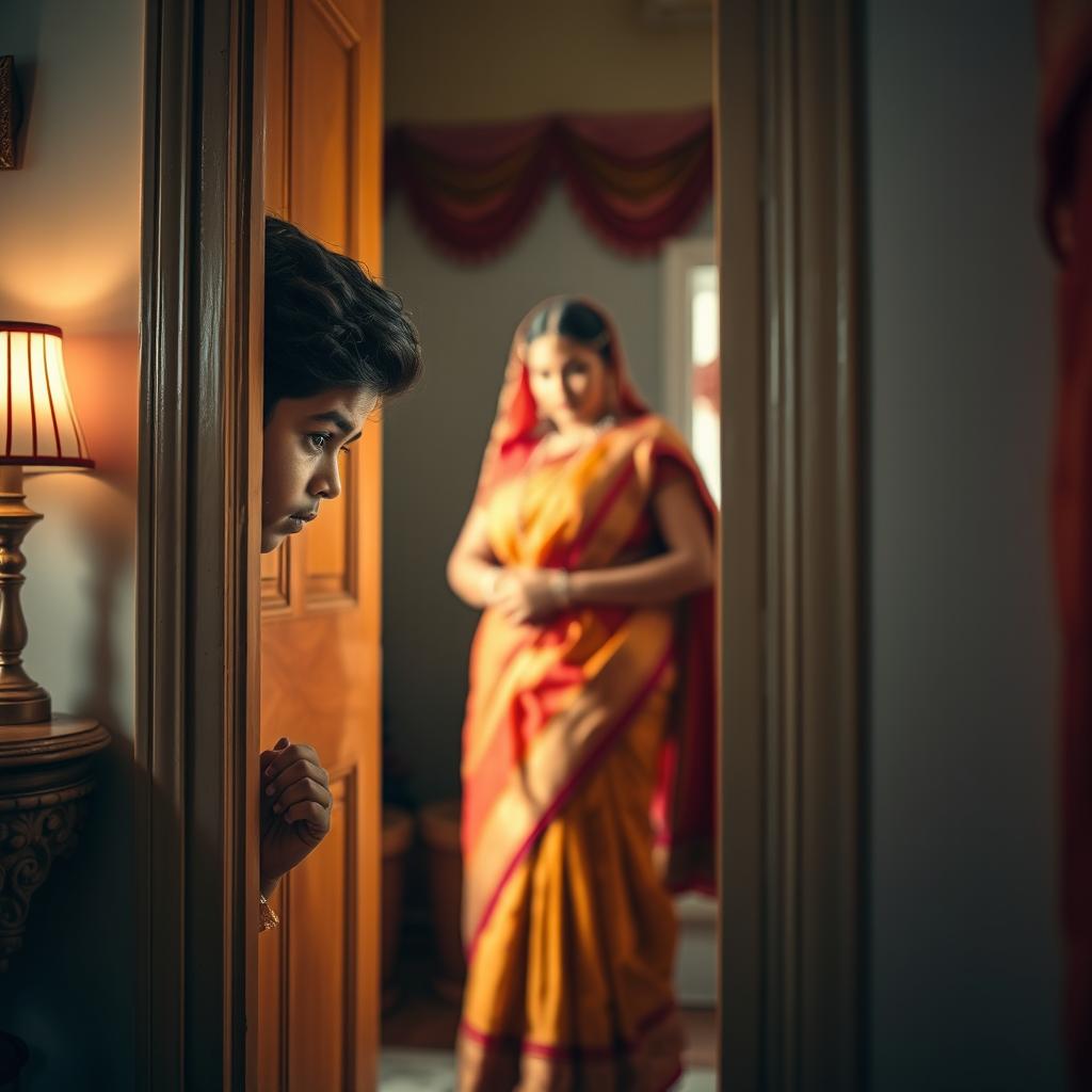 A visually striking portrayal of a young Indian man peering through a slightly ajar door, curious yet respectful, watching his mother change clothes in a softly lit room