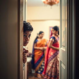 A visually striking portrayal of a young Indian man peering through a slightly ajar door, curious yet respectful, watching his mother change clothes in a softly lit room