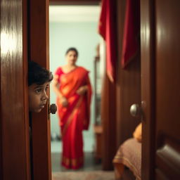A visually striking portrayal of a young Indian man peering through a slightly ajar door, curious yet respectful, watching his mother change clothes in a softly lit room