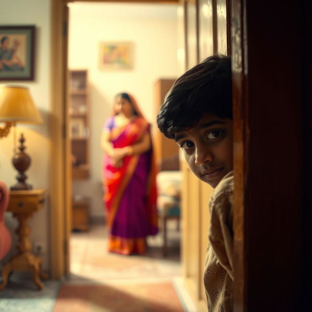 A visually striking portrayal of a young Indian man peering through a slightly ajar door, curious yet respectful, watching his mother change clothes in a softly lit room