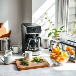 A minimalist and stylish kitchen scene featuring a modern coffee maker on a marble countertop, surrounded by various household items like white ceramic mugs, a wooden cutting board with fresh herbs, a sleek toaster, and a bowl of colorful fruit