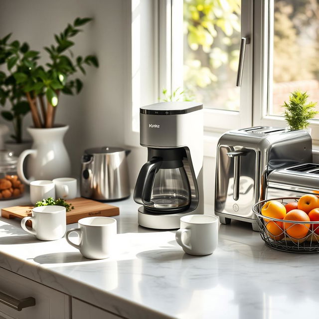 A minimalist and stylish kitchen scene featuring a modern coffee maker on a marble countertop, surrounded by various household items like white ceramic mugs, a wooden cutting board with fresh herbs, a sleek toaster, and a bowl of colorful fruit