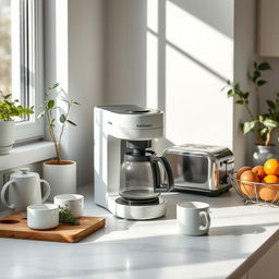 A minimalist and stylish kitchen scene featuring a modern coffee maker on a marble countertop, surrounded by various household items like white ceramic mugs, a wooden cutting board with fresh herbs, a sleek toaster, and a bowl of colorful fruit