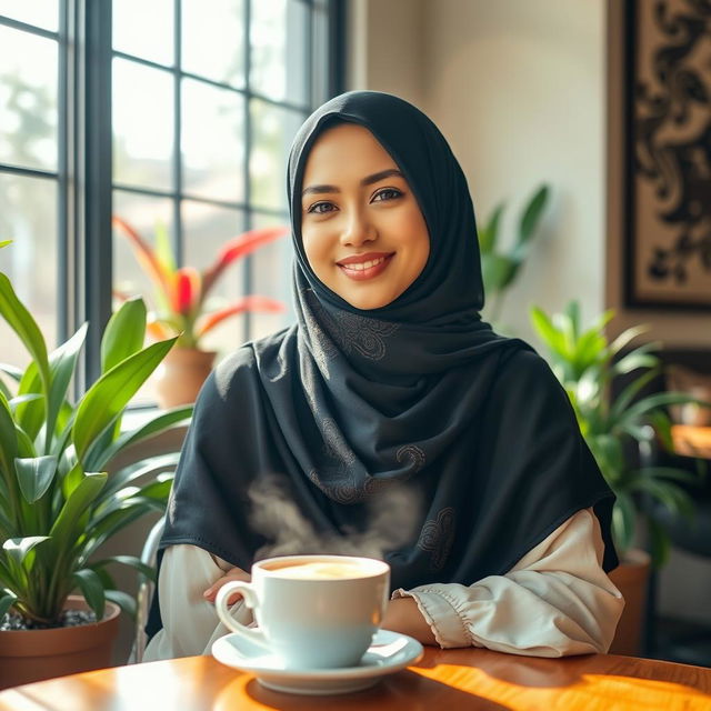 A woman wearing a beautiful black hijab, elegantly styled, with intricate patterns on the fabric