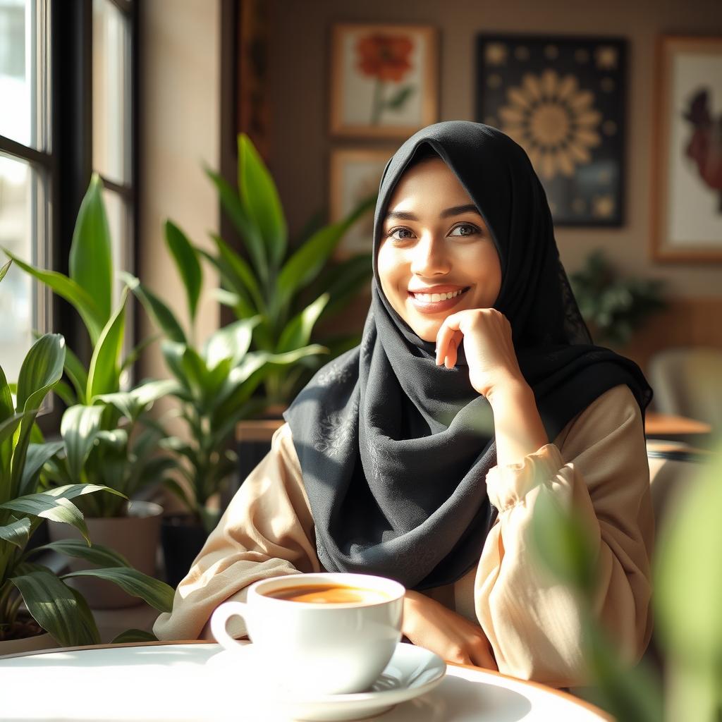 A woman wearing a beautiful black hijab, elegantly styled, with intricate patterns on the fabric