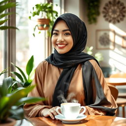 A woman wearing a beautiful black hijab, elegantly styled, with intricate patterns on the fabric