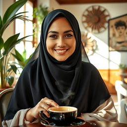 A woman wearing a beautiful black hijab, elegantly styled, with intricate patterns on the fabric