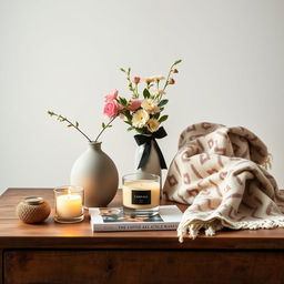 A beautifully arranged still-life scene showcasing a collection of elegant household gift items on a rustic wooden table