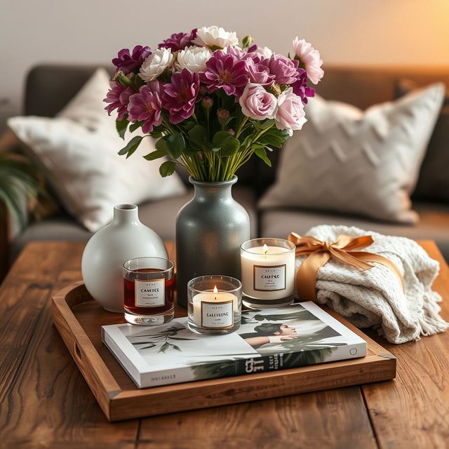 A beautifully arranged still-life scene showcasing a collection of elegant household gift items on a rustic wooden table