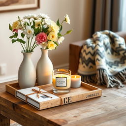 A beautifully arranged still-life scene showcasing a collection of elegant household gift items on a rustic wooden table