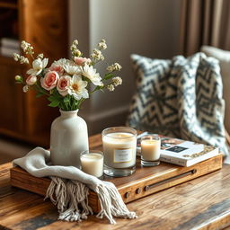 A beautifully arranged still-life scene showcasing a collection of elegant household gift items on a rustic wooden table