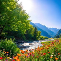 A vibrant and stunning natural landscape featuring a lush green forest with sunlight filtering through the leaves, a serene river flowing gently through the scene, and a clear blue sky overhead