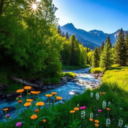 A vibrant and stunning natural landscape featuring a lush green forest with sunlight filtering through the leaves, a serene river flowing gently through the scene, and a clear blue sky overhead