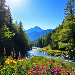 A vibrant and stunning natural landscape featuring a lush green forest with sunlight filtering through the leaves, a serene river flowing gently through the scene, and a clear blue sky overhead