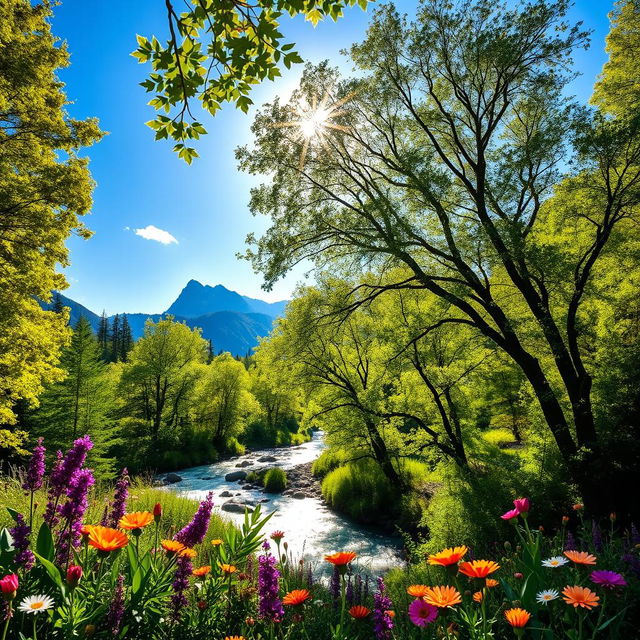 A vibrant and stunning natural landscape featuring a lush green forest with sunlight filtering through the leaves, a serene river flowing gently through the scene, and a clear blue sky overhead