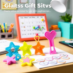 A vibrant and colorful display of plastic gift items designed for use with calendars