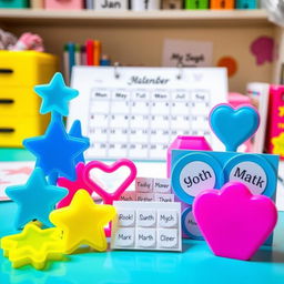 A vibrant and colorful display of plastic gift items designed for use with calendars