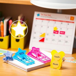A vibrant and colorful display of plastic gift items designed for use with calendars
