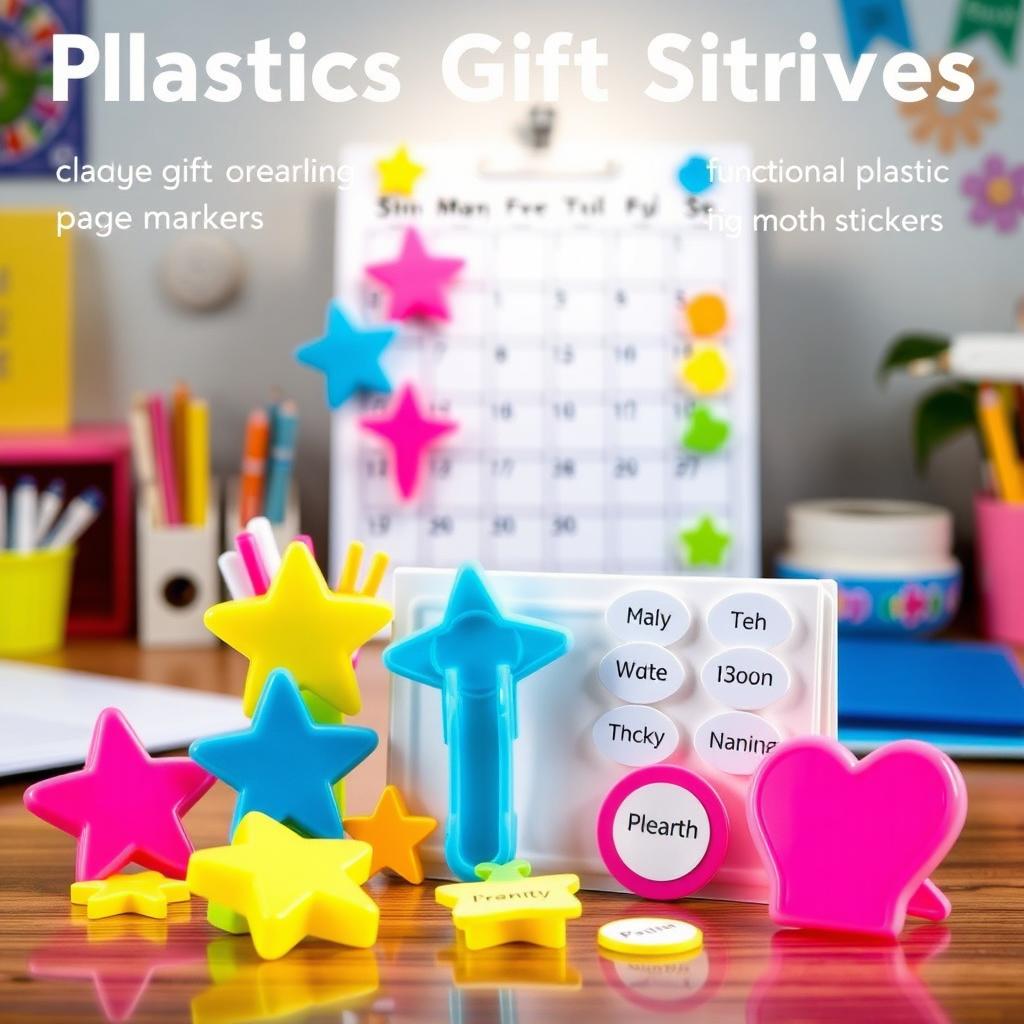 A vibrant and colorful display of plastic gift items designed for use with calendars