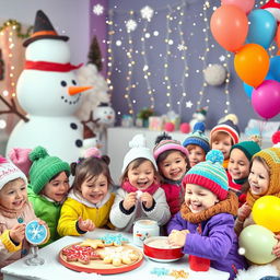 A vibrant winter-themed kids party scene filled with joyful children dressed in colorful winter attire, snowflakes gently falling around them
