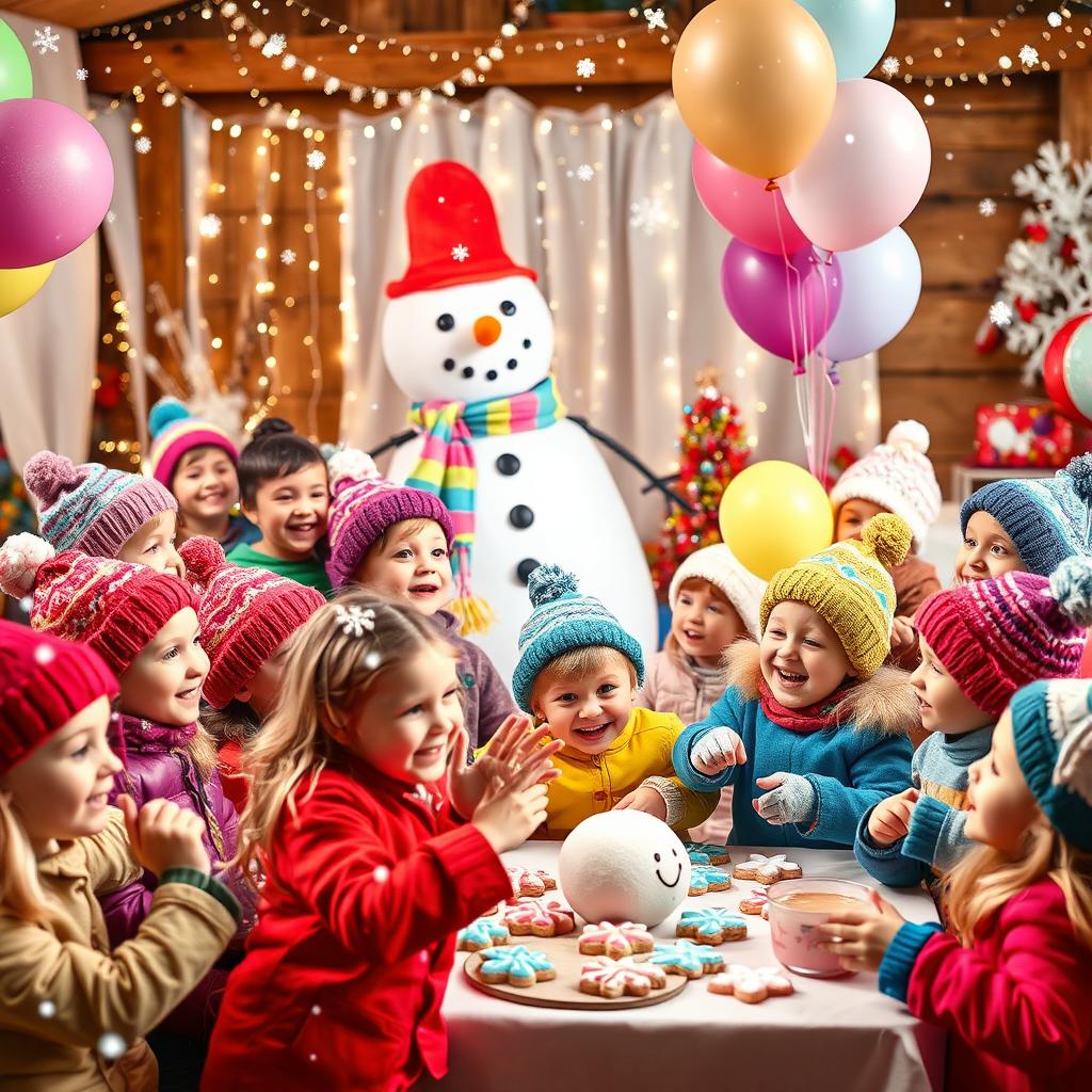 A vibrant winter-themed kids party scene filled with joyful children dressed in colorful winter attire, snowflakes gently falling around them