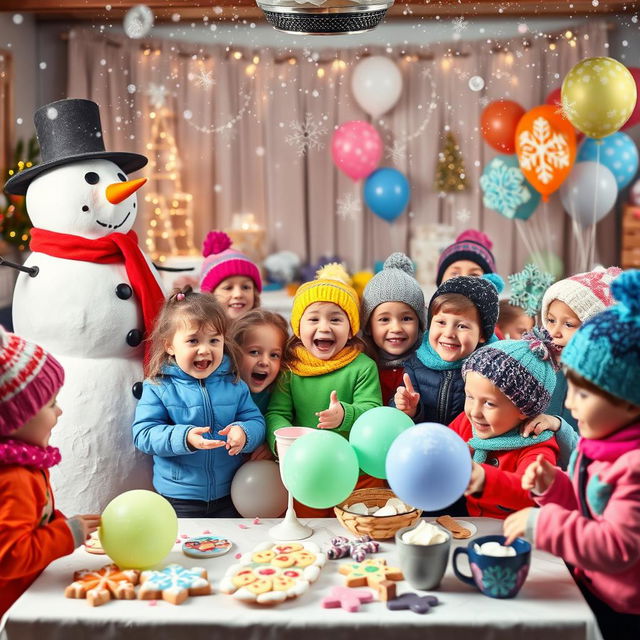 A vibrant winter-themed kids party scene filled with joyful children dressed in colorful winter attire, snowflakes gently falling around them