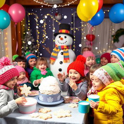 A vibrant winter-themed kids party scene filled with joyful children dressed in colorful winter attire, snowflakes gently falling around them