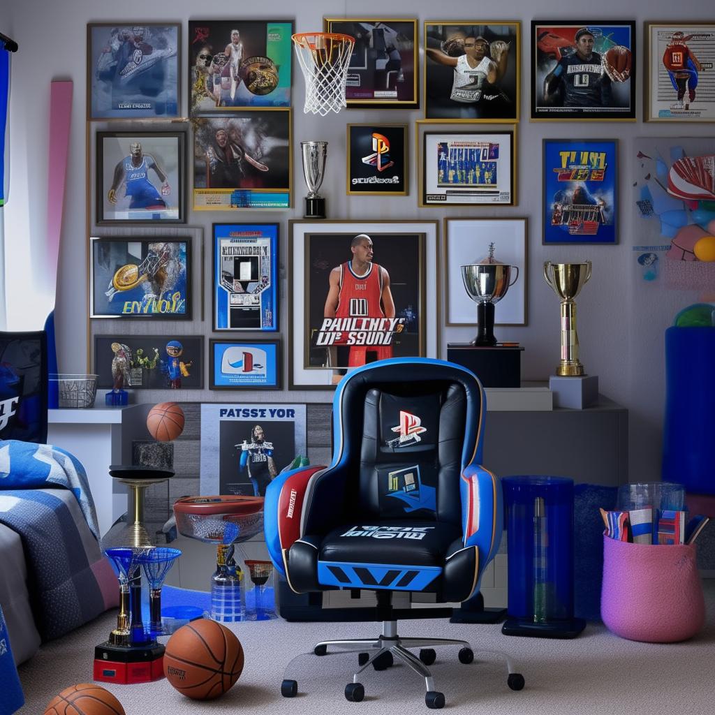 A basketball and PlayStation-themed teenager's bedroom. A large poster of a basketball star, a mini indoor basketball hoop, a gaming chair in front of a flat-screen TV featuring a PlayStation console, with gaming posters and trophies scattered around.