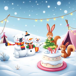 A whimsical winter-themed kids party featuring adorable cartoon animals celebrating together in a snowy landscape