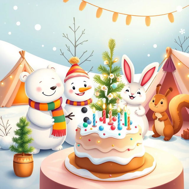 A whimsical winter-themed kids party featuring adorable cartoon animals celebrating together in a snowy landscape