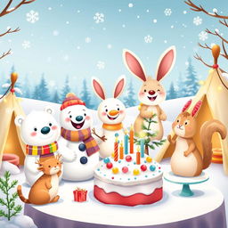 A whimsical winter-themed kids party featuring adorable cartoon animals celebrating together in a snowy landscape