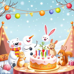 A whimsical winter-themed kids party featuring adorable cartoon animals celebrating together in a snowy landscape