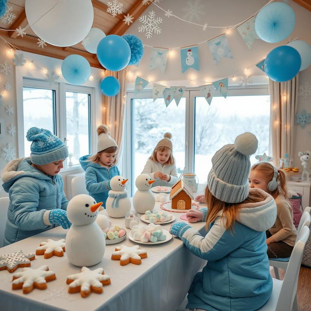 A delightful winter-themed kids' party scene, featuring a cozy indoor setting decorated with snowflakes, icy blue balloons, and fluffy white snowmen made of soft fabric